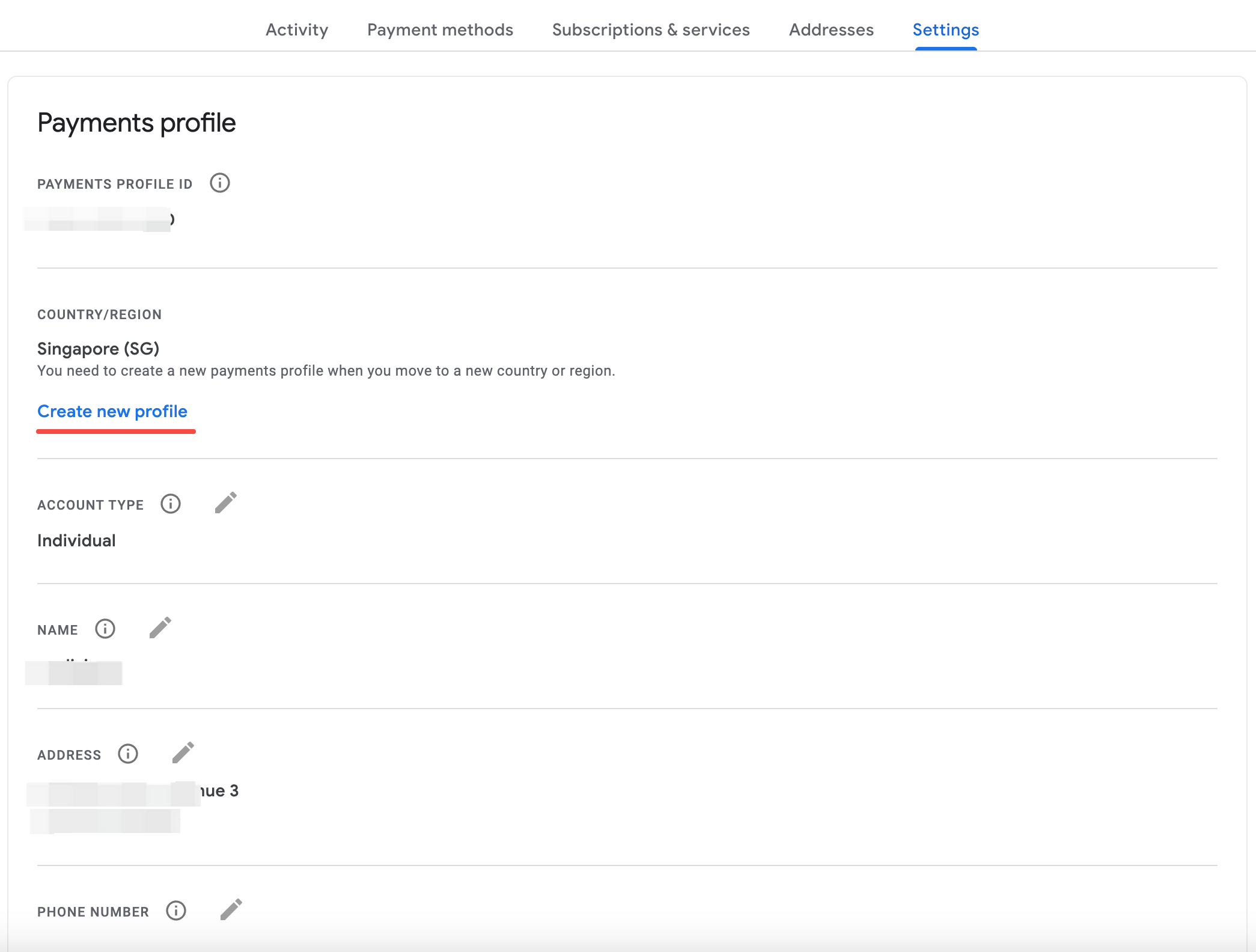Google Payments Center 中新建付款资料的入口，个人字段已打码
