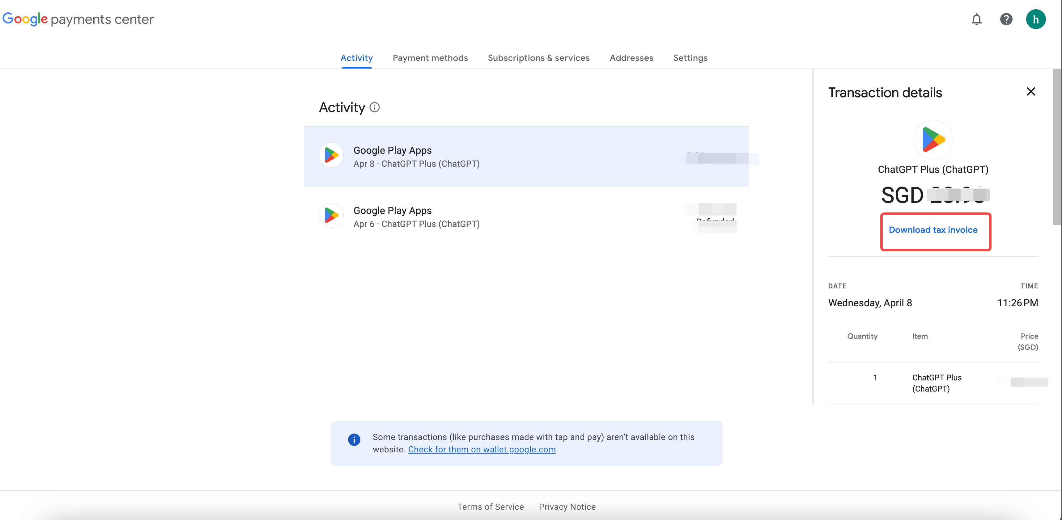 Google Payments Center 交易详情与下载税务发票入口，金额已打码